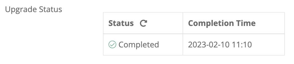 Table showing upgrade status of Complete and the completion time